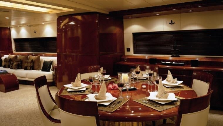 a table with plates and glasses on it aboard COSTA MAGNA Yacht for Charter