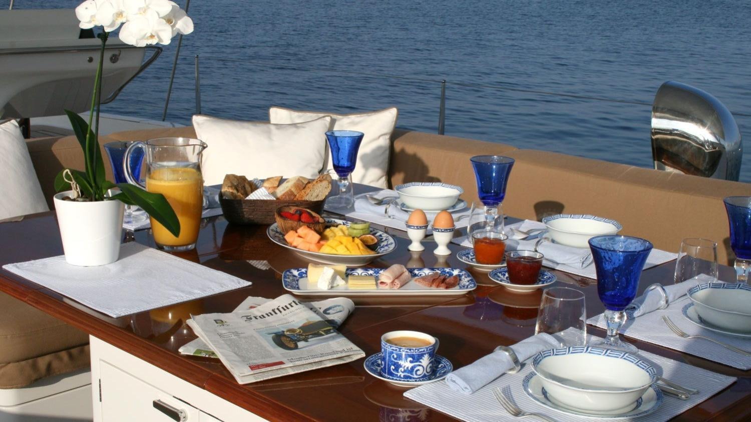 a table with food and drinks on it aboard CAVALLO Yacht for Charter