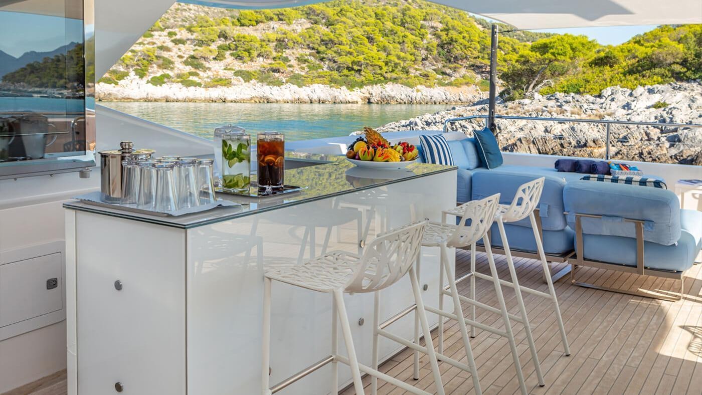 a table with drinks on it aboard SEA WOLF Yacht for Charter