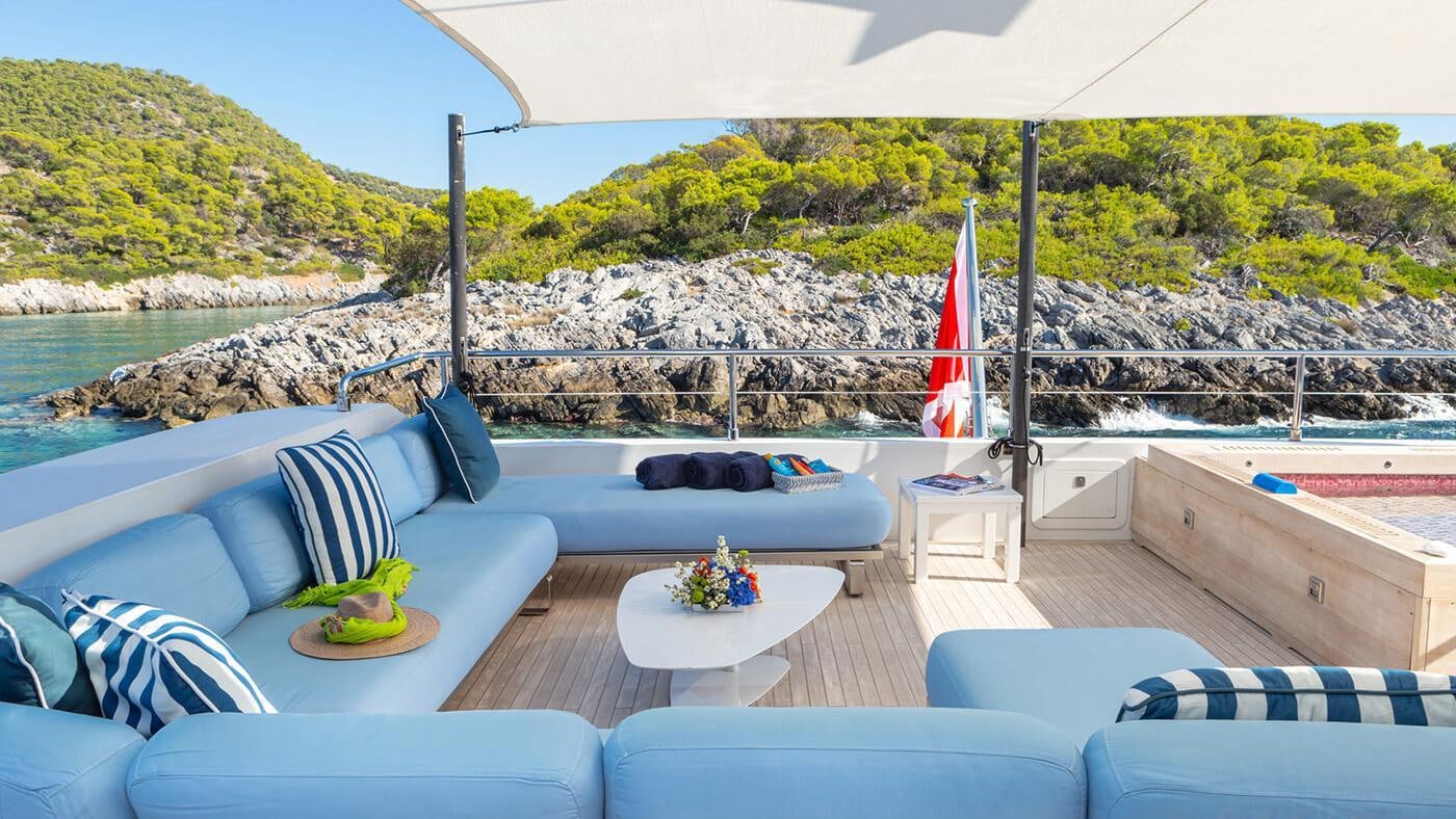 a deck with a table and chairs aboard SEA WOLF Yacht for Charter
