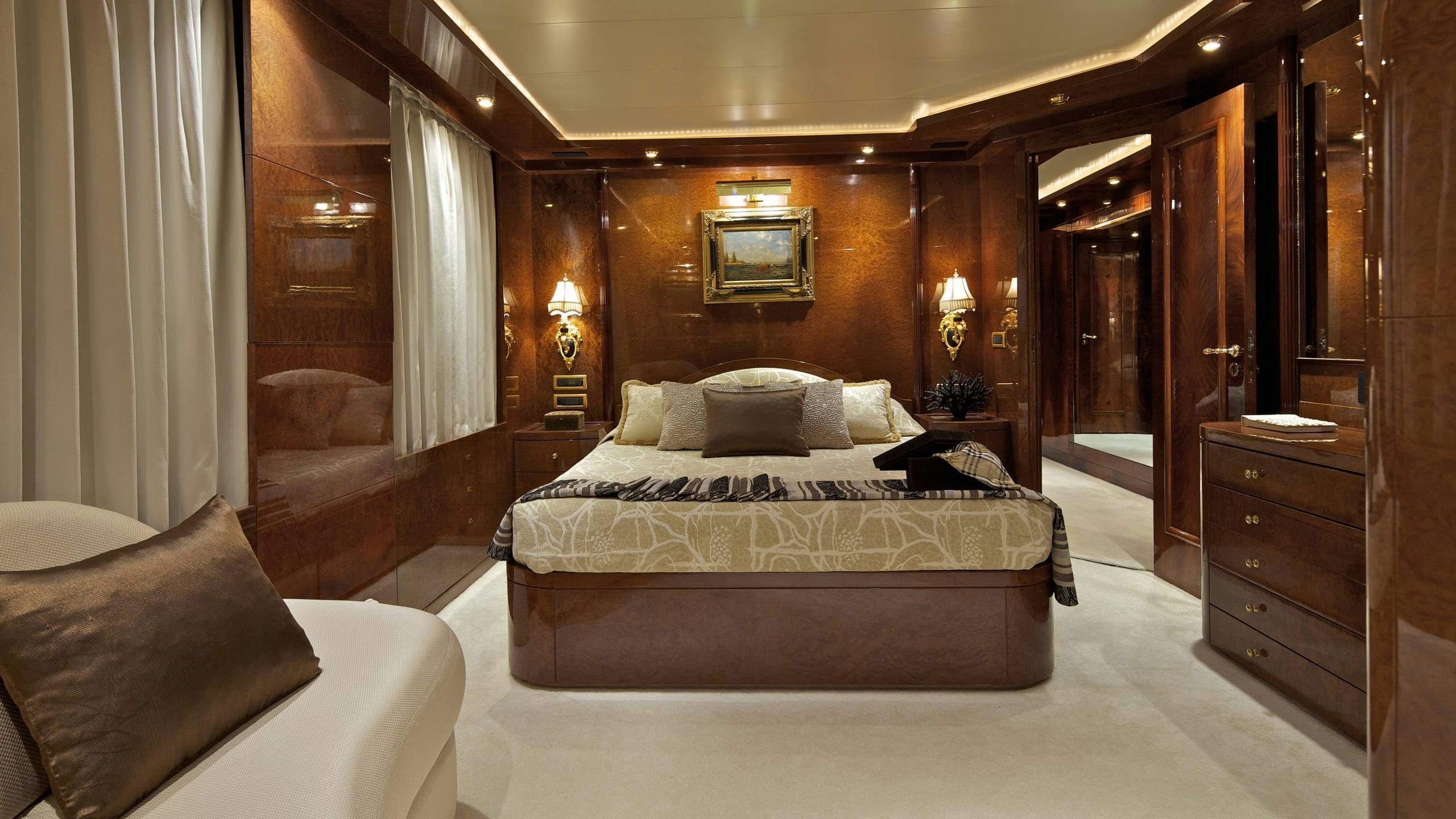 a large bedroom with a large bed aboard O'RION Yacht for Charter