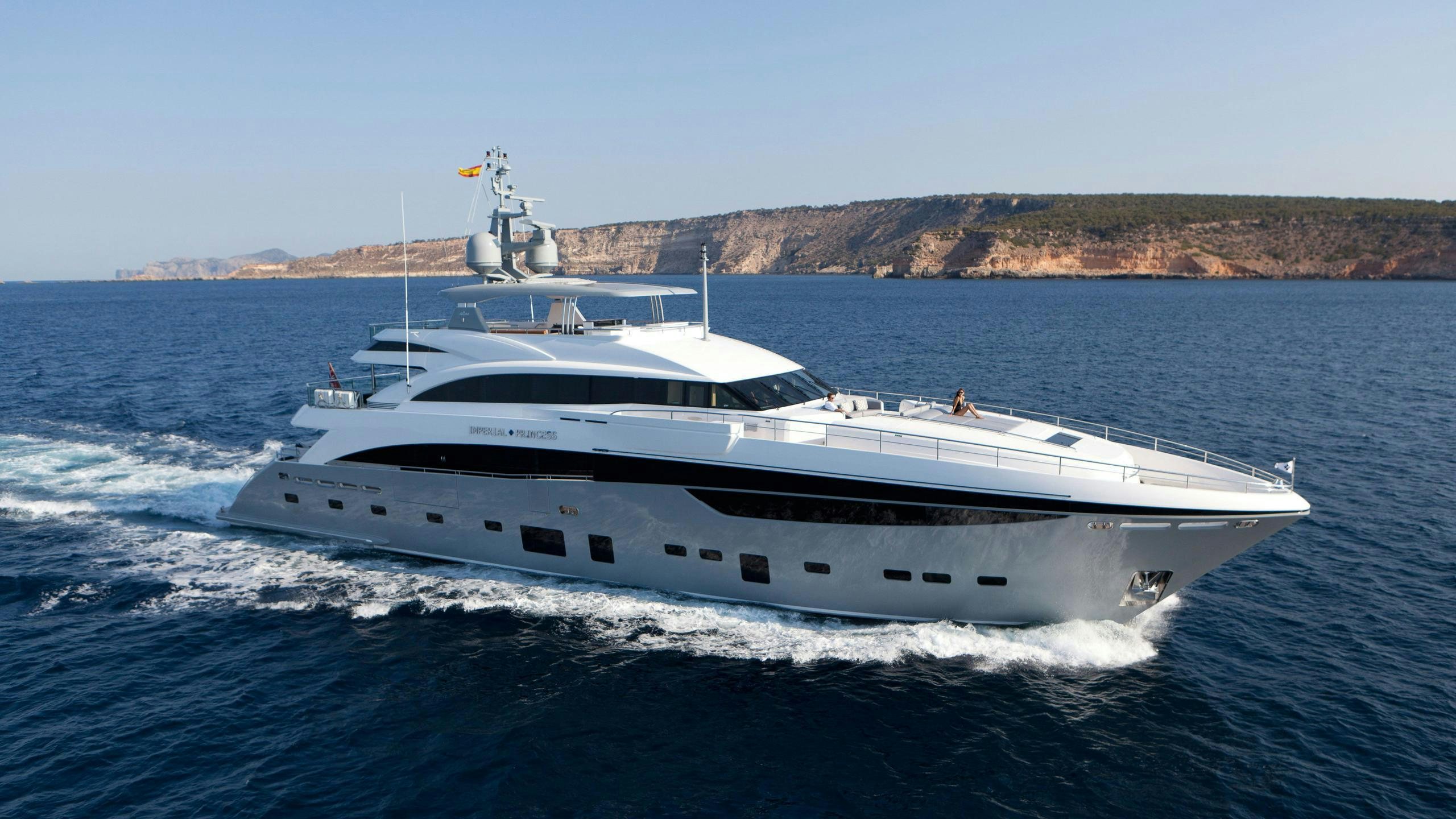 a white yacht on the water aboard IMPERIAL PRINCESS BEATRICE Yacht for Charter