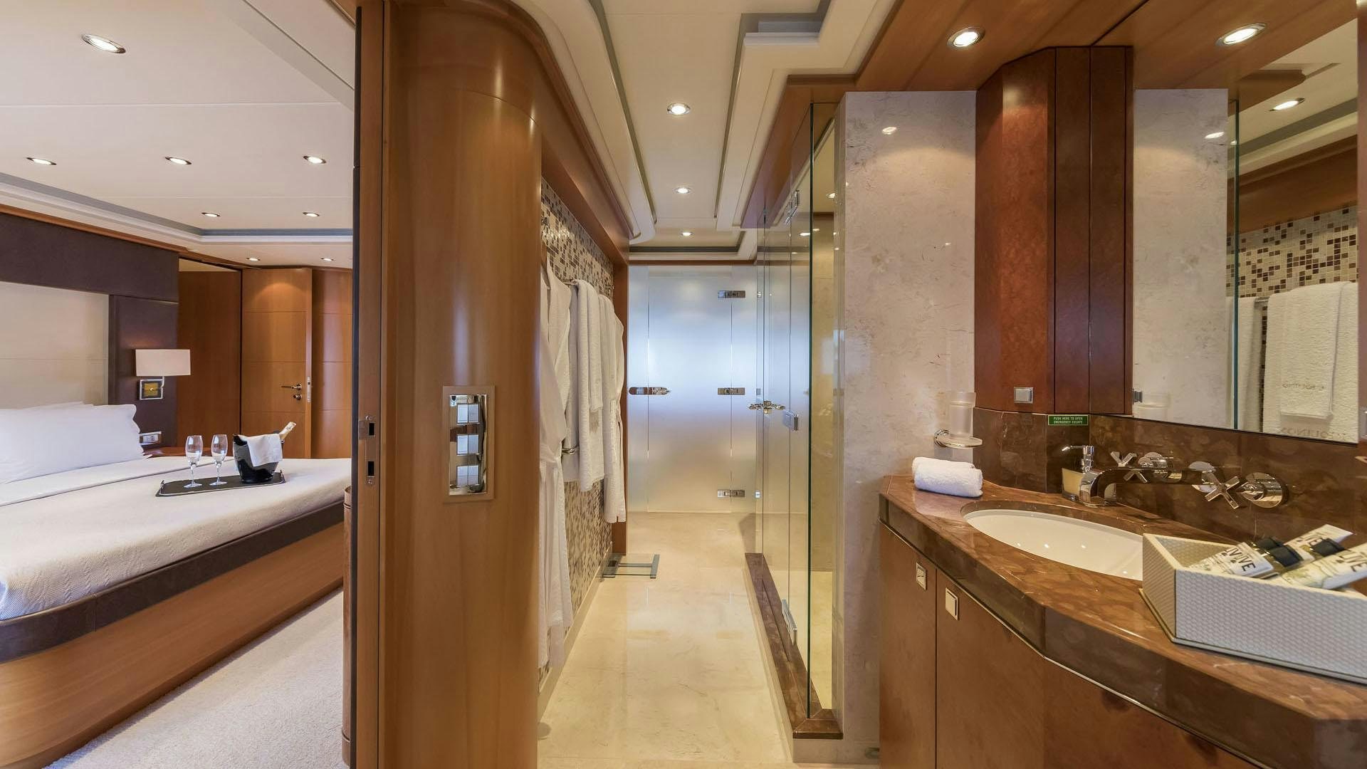 a bathroom with sinks and mirrors aboard L'EQUINOX Yacht for Charter