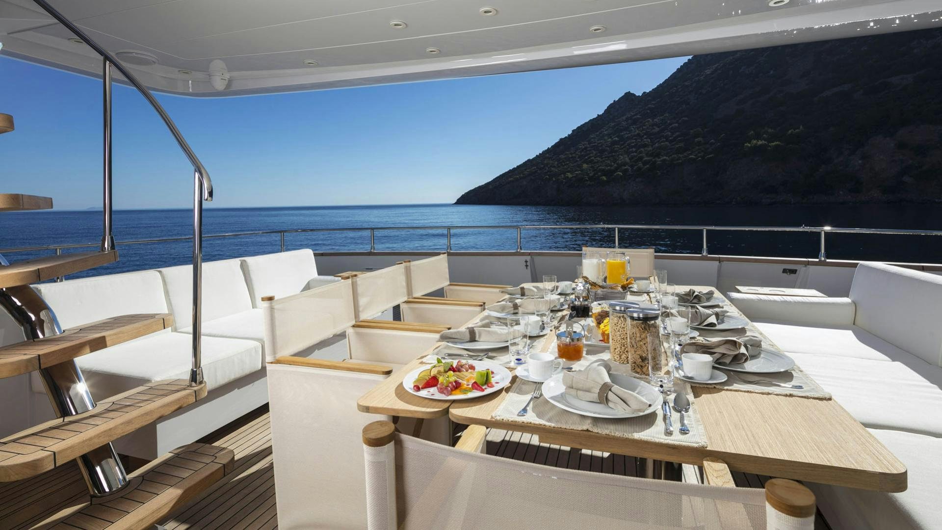 a table with plates and glasses on it aboard SOLE DI MARE Yacht for Charter