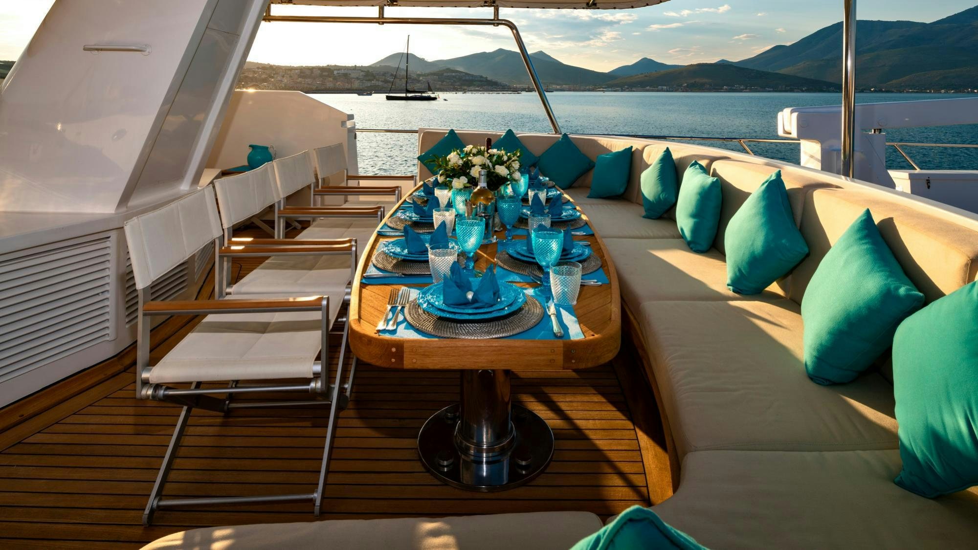 a table with drinks on it aboard NIGHTFLOWER Yacht for Charter