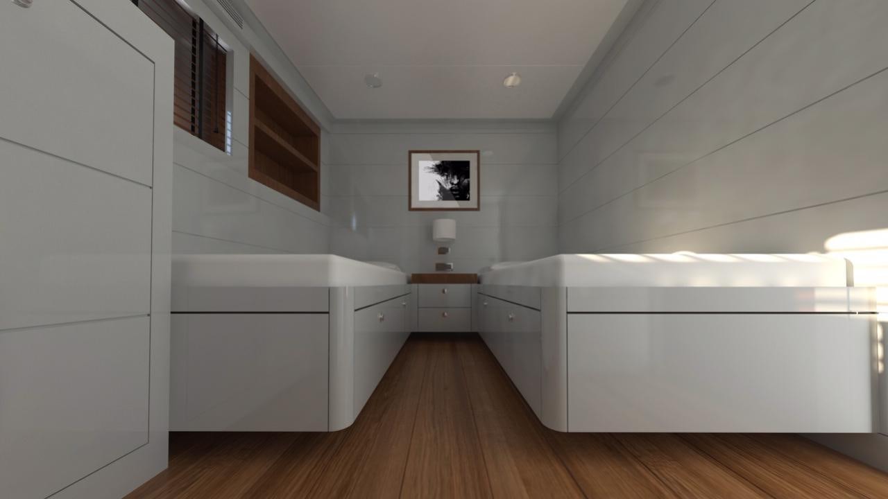 a room with white cabinets and a wood floor aboard ONLY NOW Yacht for Charter