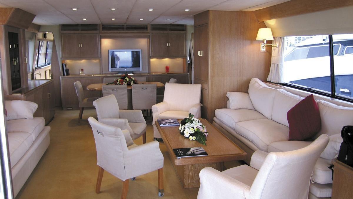 a living room with a large television aboard ATLANTIC ENDEAVOUR Yacht for Charter