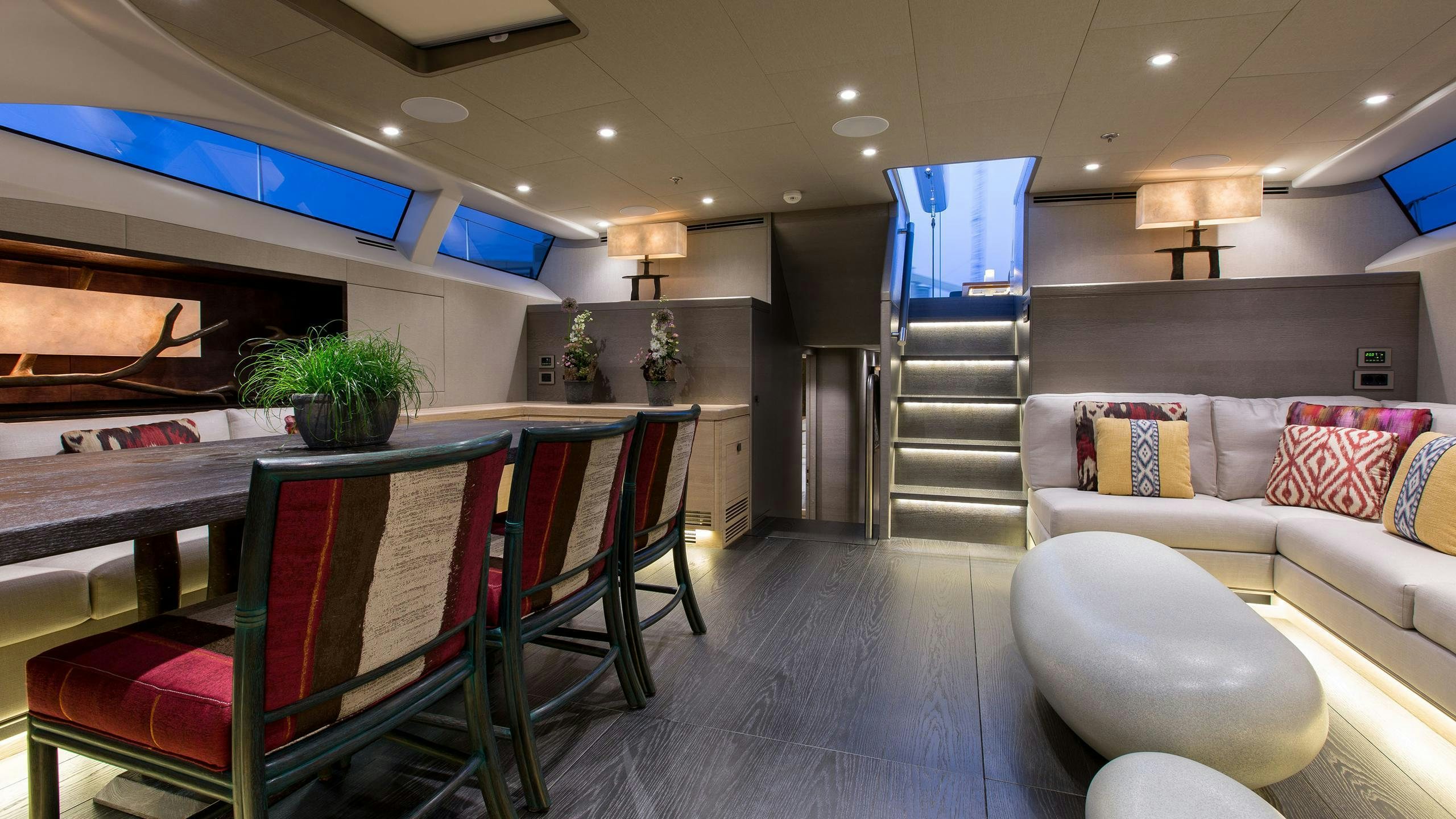 a modern looking living room aboard INUKSHUK Yacht for Charter