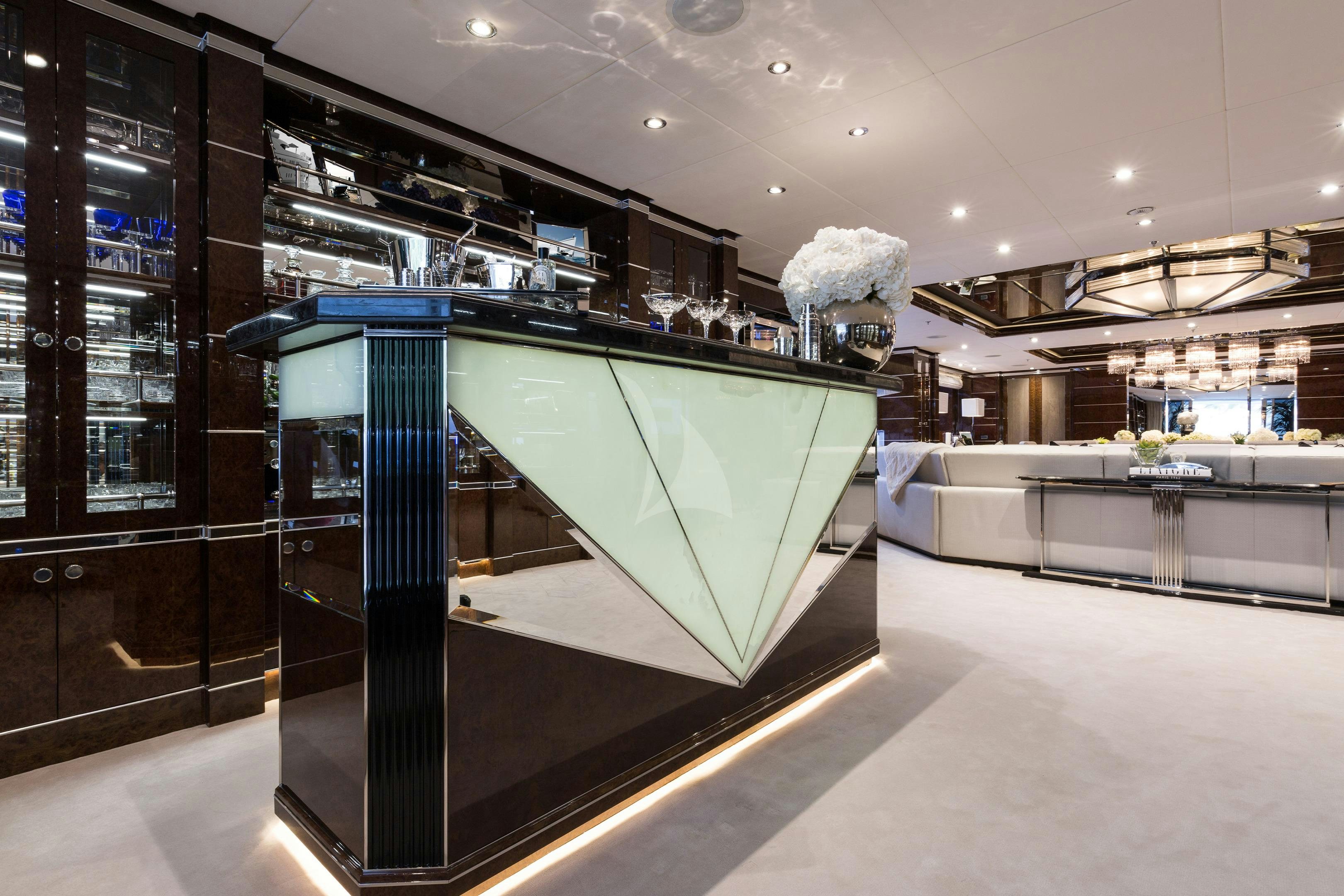 a large glass display case in a building aboard SOUNDWAVE Yacht for Charter