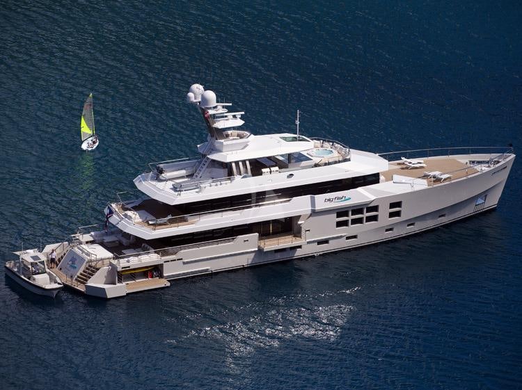 a large white boat on the water aboard BIG FISH Yacht for Charter