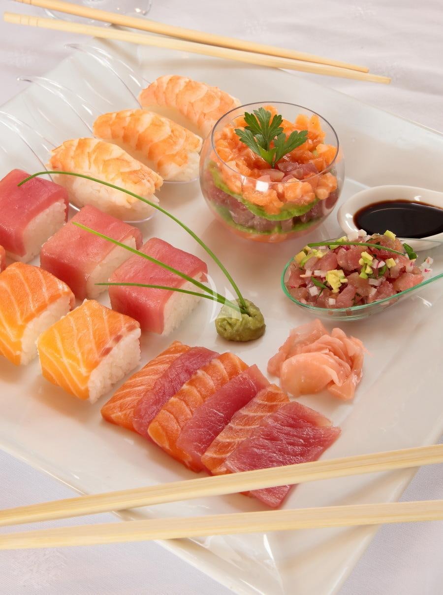 a tray of sushi aboard INOUIS Yacht for Charter