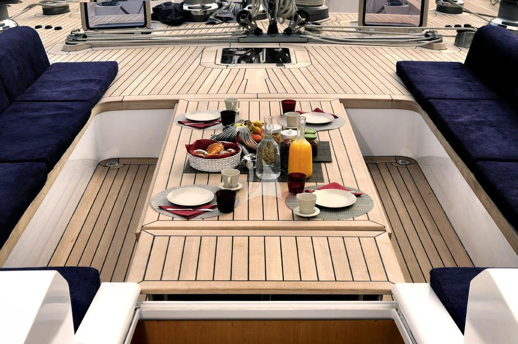 a table with plates and cups on it aboard ADESSO Yacht for Charter