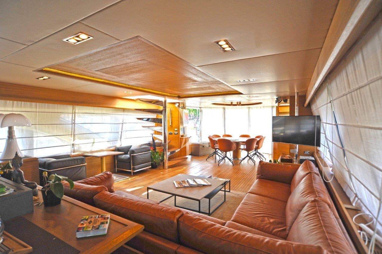 a living room with a large window aboard LEONARDO Yacht for Charter