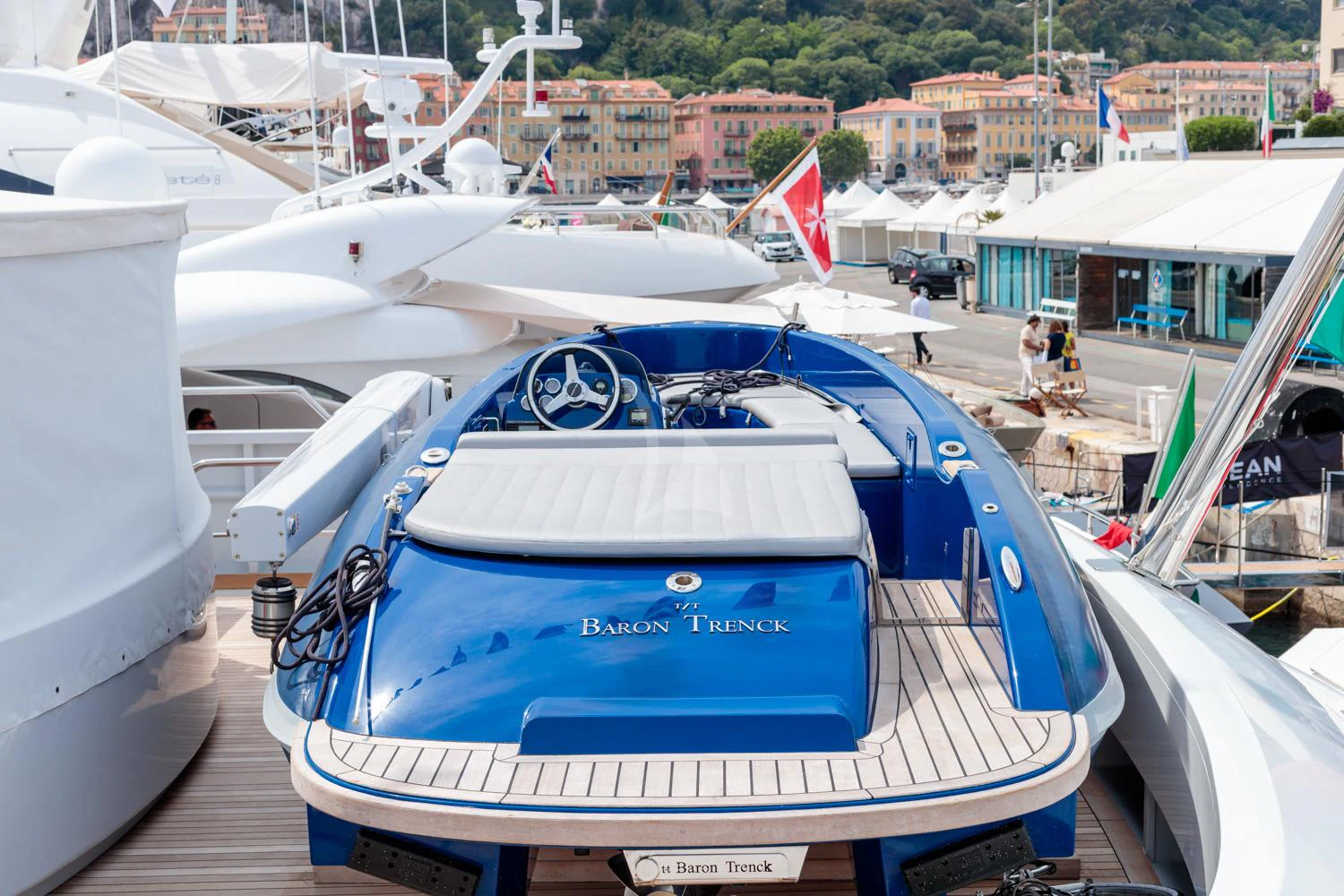 a boat is parked in a harbor aboard BARON TRENCK Yacht for Charter