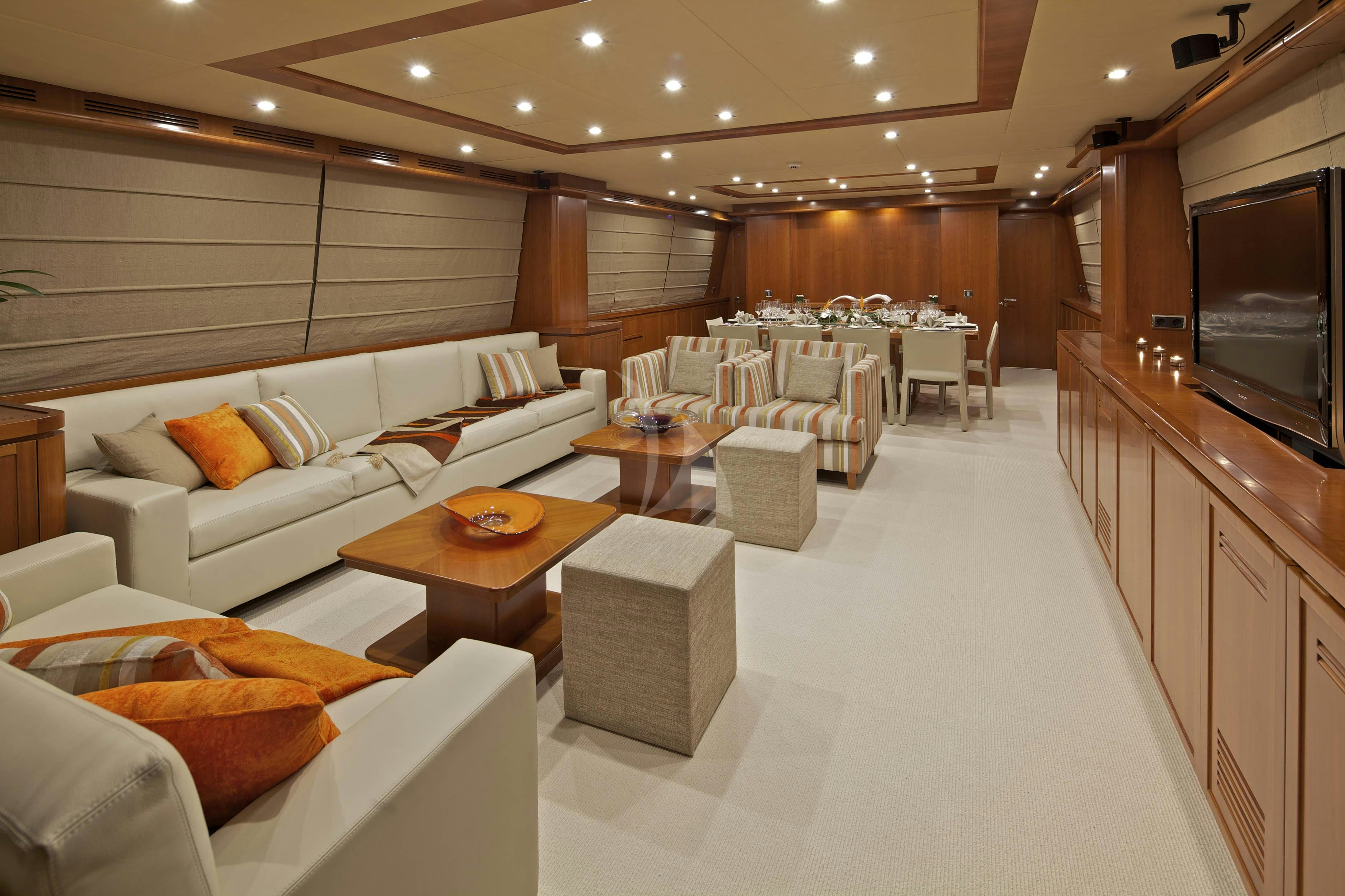 a large living room with a large screen aboard HELIOS Yacht for Charter