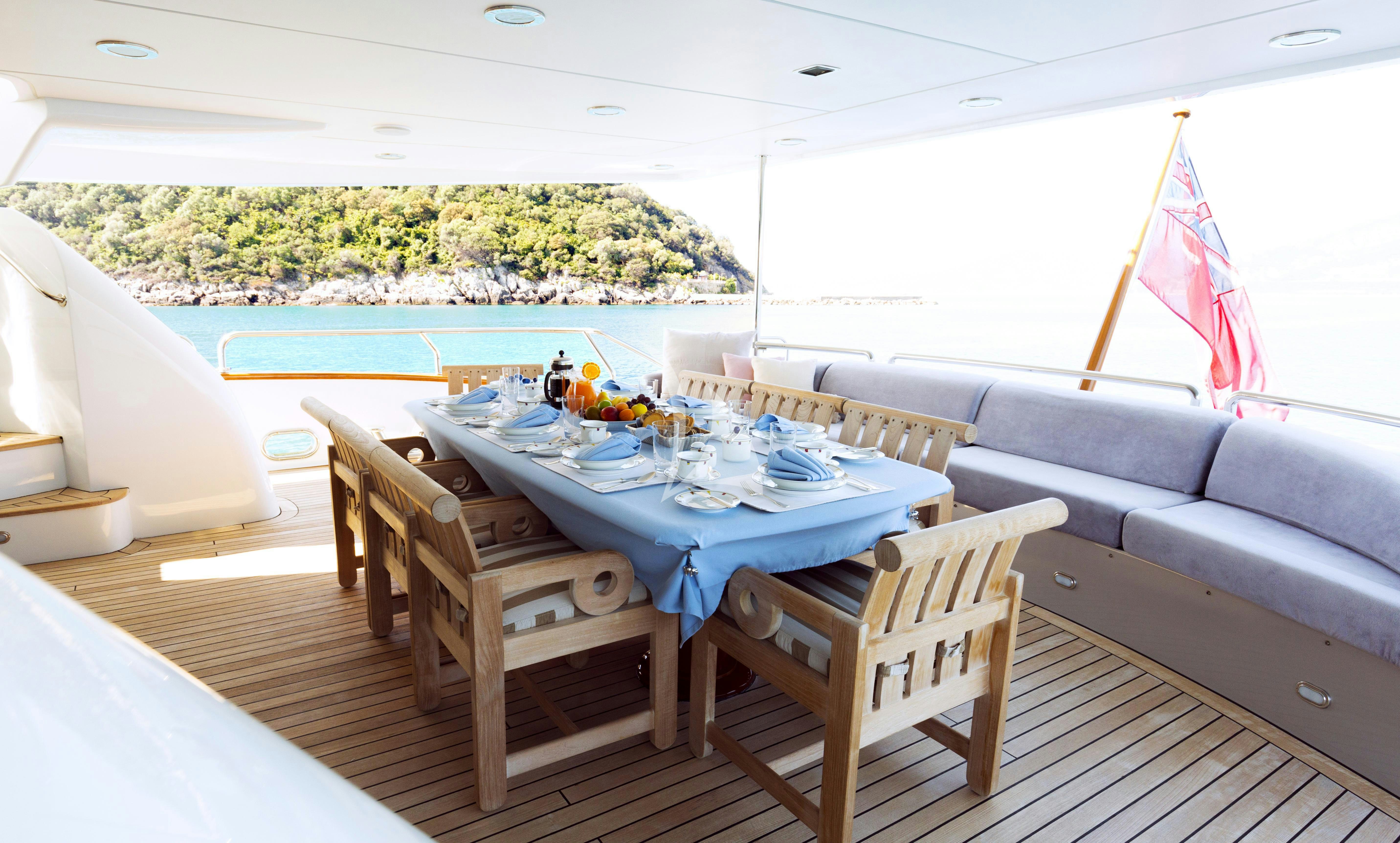 a table set for a meal on a deck aboard CLARITY Yacht for Charter