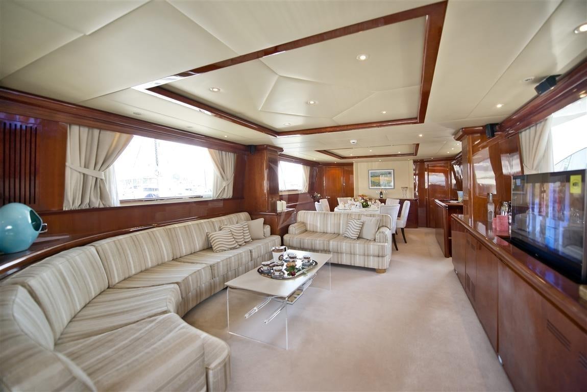 a living room with a large window aboard FALCON ISLAND Yacht for Charter