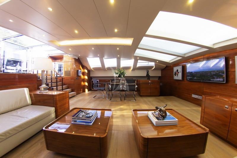 a living room with a large television aboard MUSIC Yacht for Charter