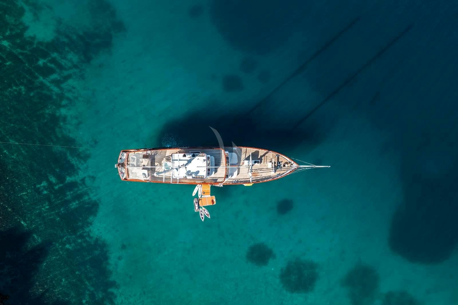 a helicopter flying over a planet aboard CORSARIO Yacht for Charter