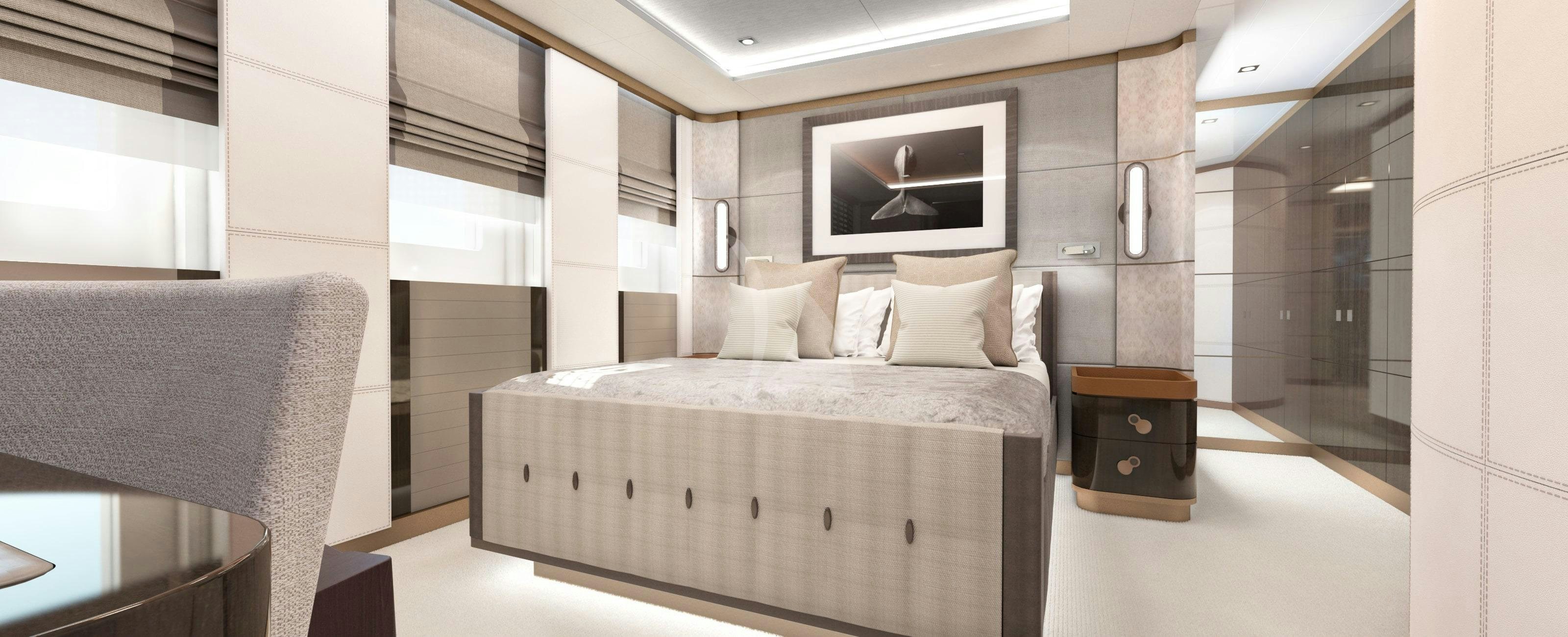 a room with a bed and a television aboard MOSKITO Yacht for Charter