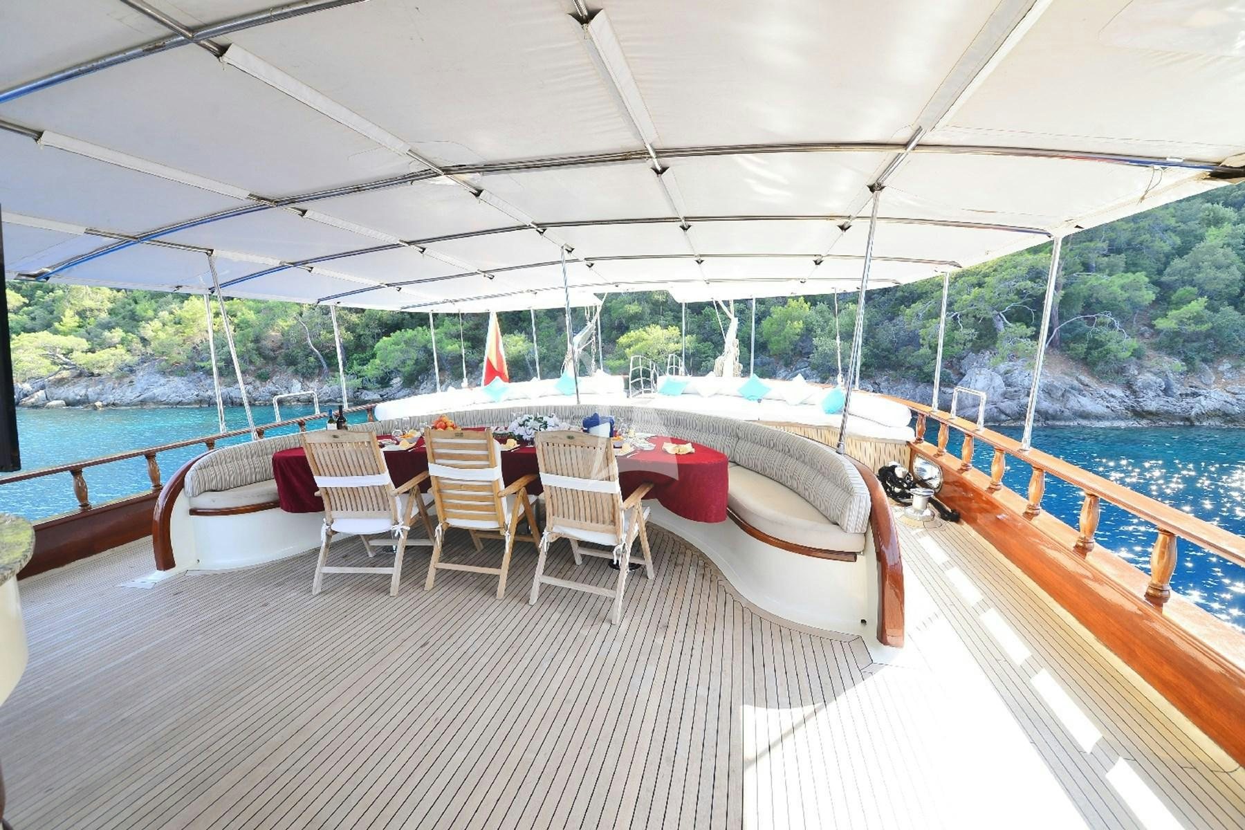 a deck with chairs and a table on it aboard BERRAK SU Yacht for Charter