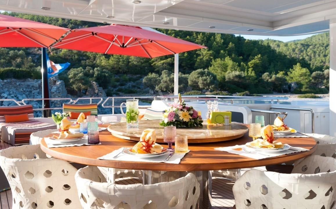 a table with food on it aboard UNEXPECTED Yacht for Charter