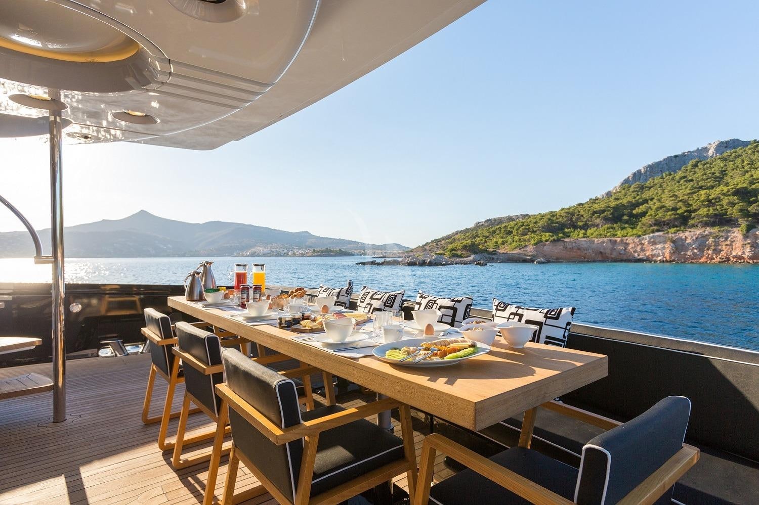 a table set for a meal on a deck overlooking a large body of water aboard AQUARELLA Yacht for Charter