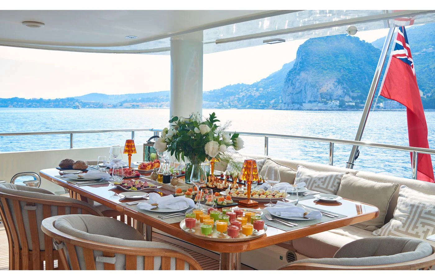 a table with food on it aboard GALENA Yacht for Charter