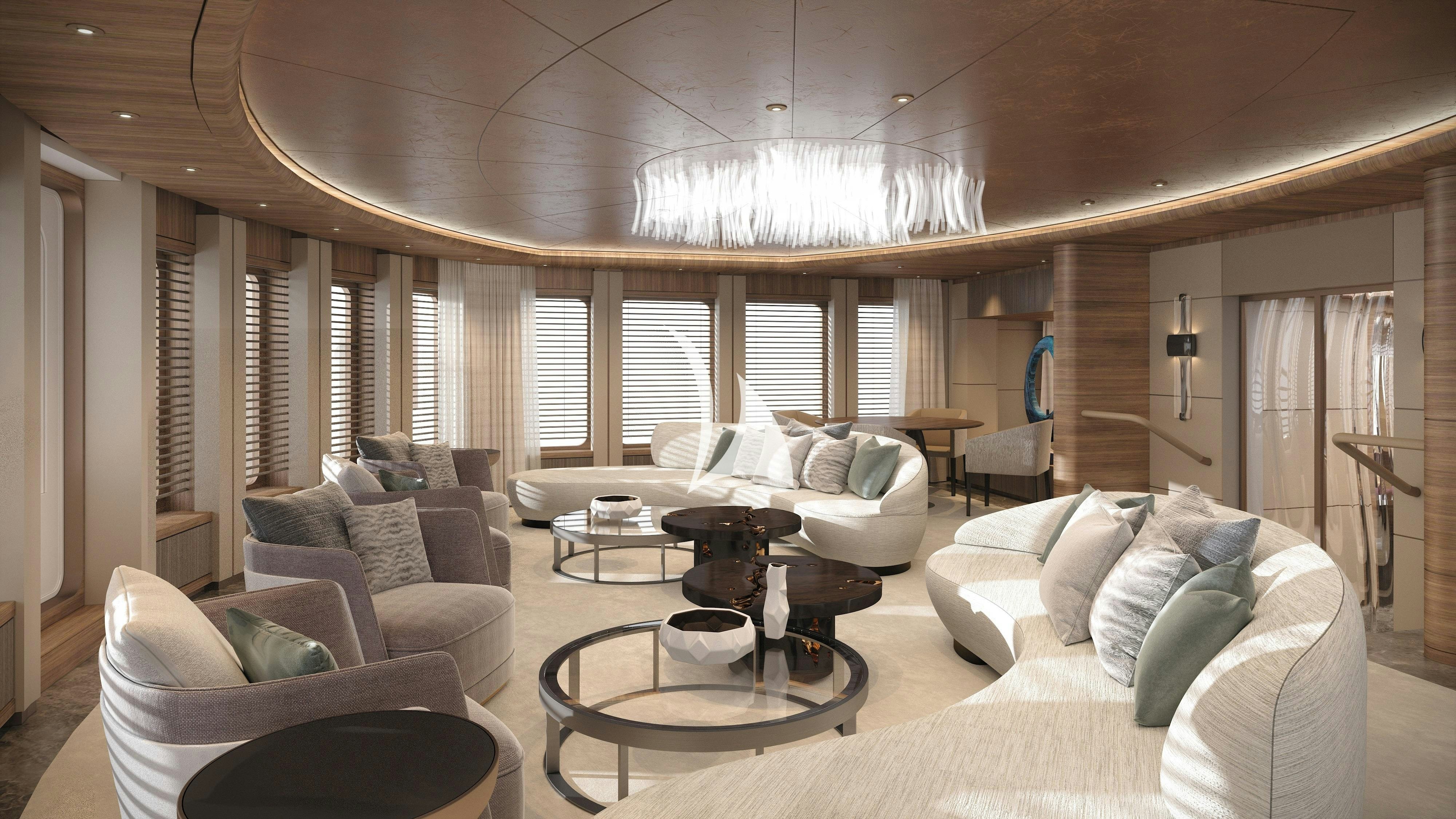 a living room with a large white couch and a large chandelier aboard VICTORIOUS Yacht for Sale