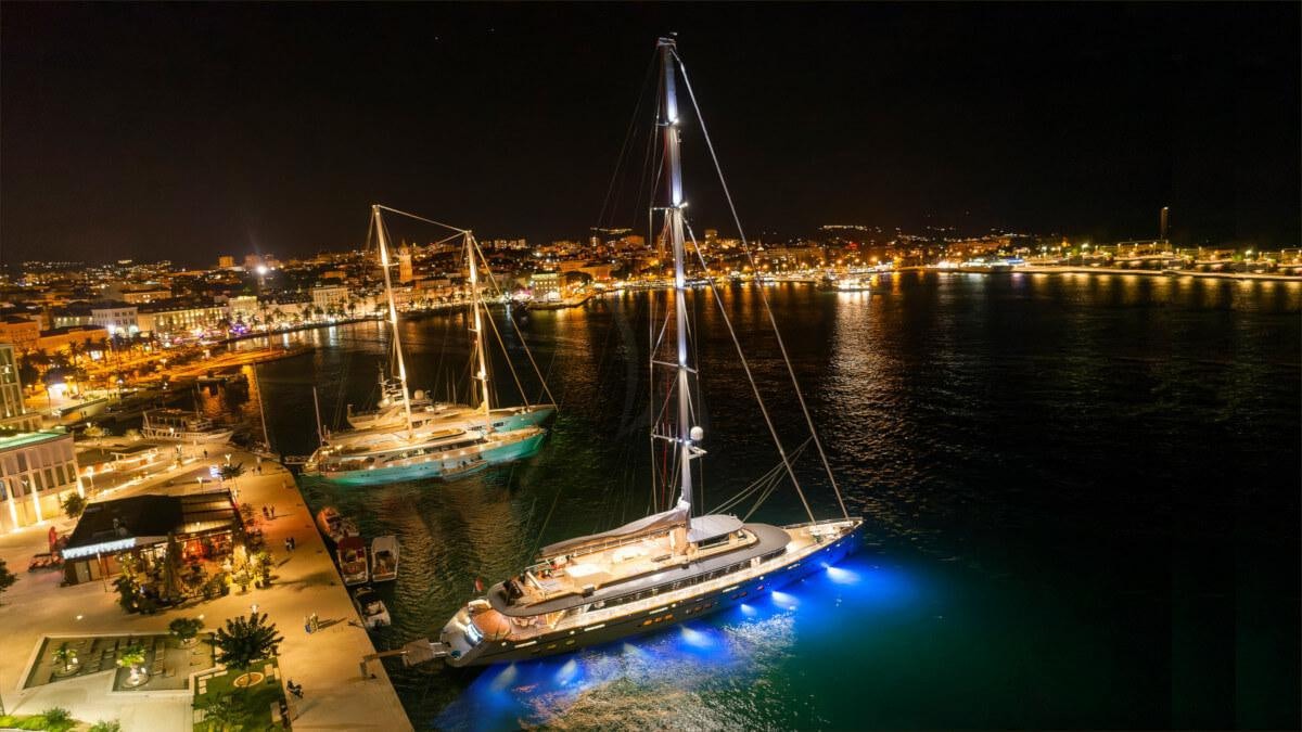 a large sailboat at night aboard LIFE IS GOOD Yacht for Charter