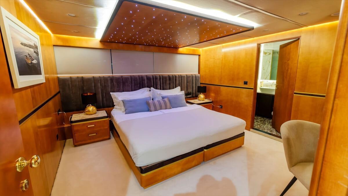 a bed in a room aboard LIFE IS GOOD Yacht for Charter