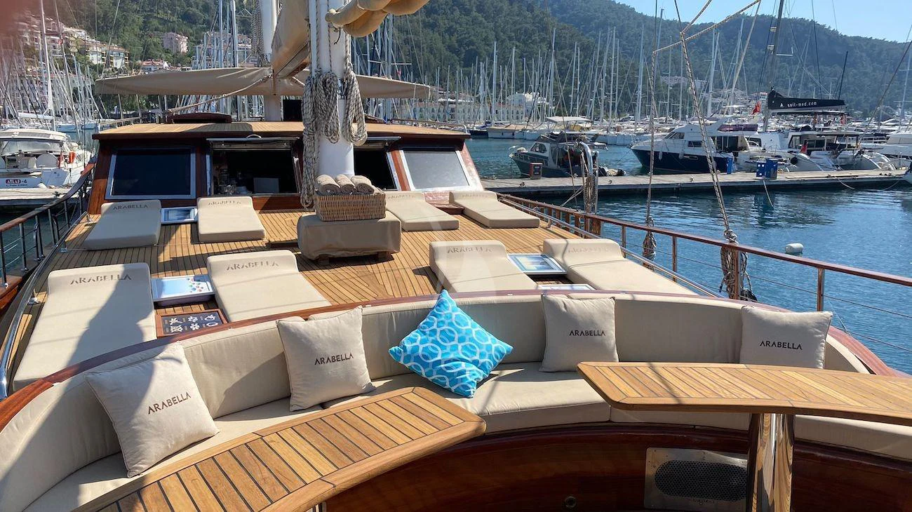 a deck with a fountain and boats in the background aboard ARABELLA Yacht for Charter
