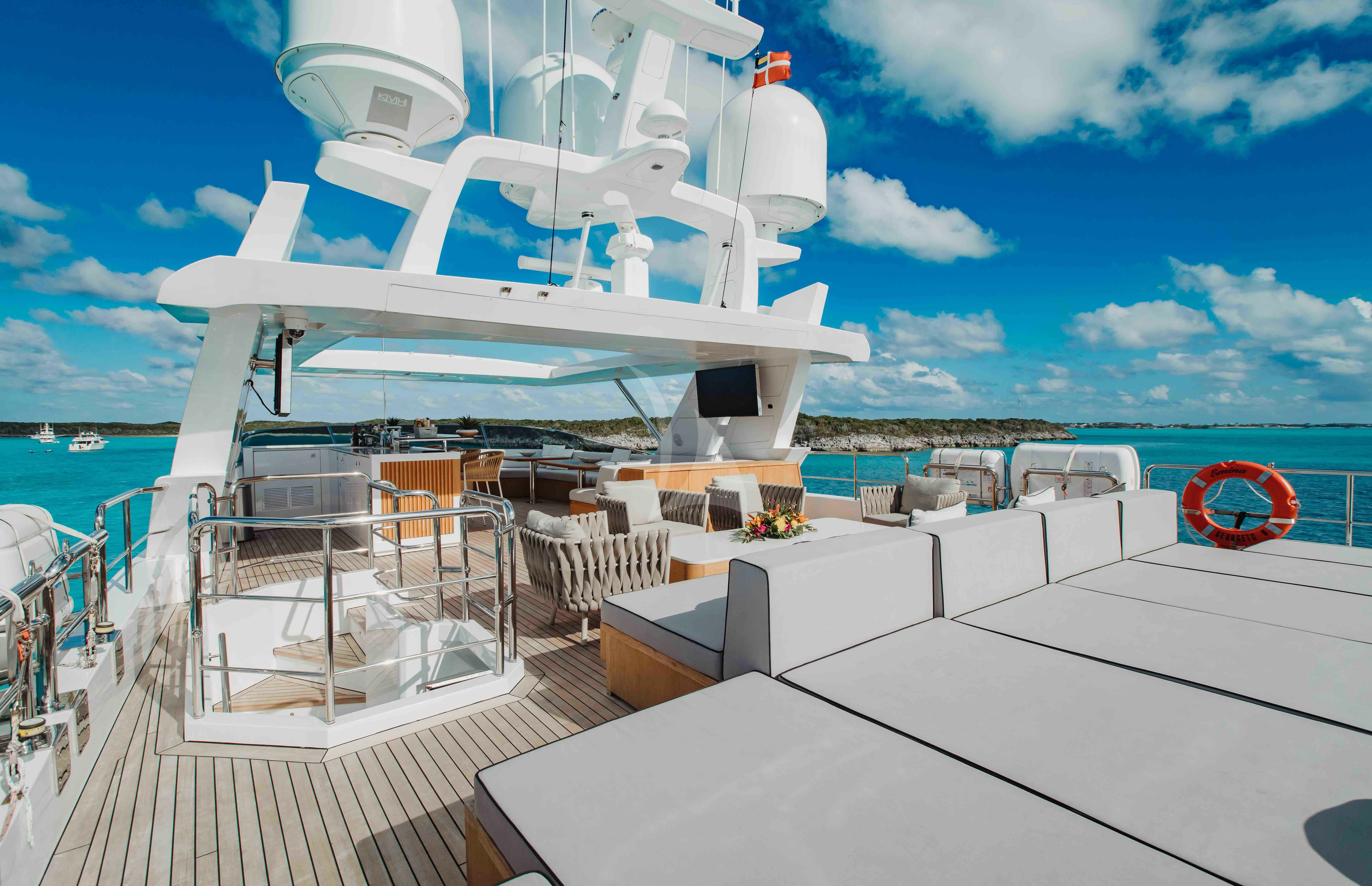 a large white boat on a dock aboard EMINA Yacht for Charter