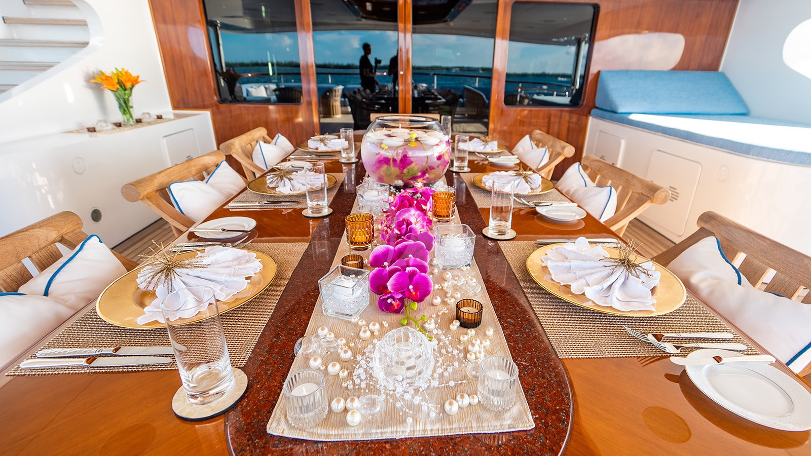 a table with food and drinks aboard NEXT CHAPTER Yacht for Charter