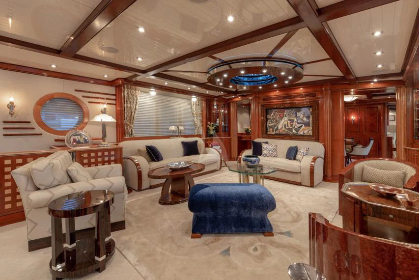 a living room with a large ceiling aboard NADAN Yacht for Charter