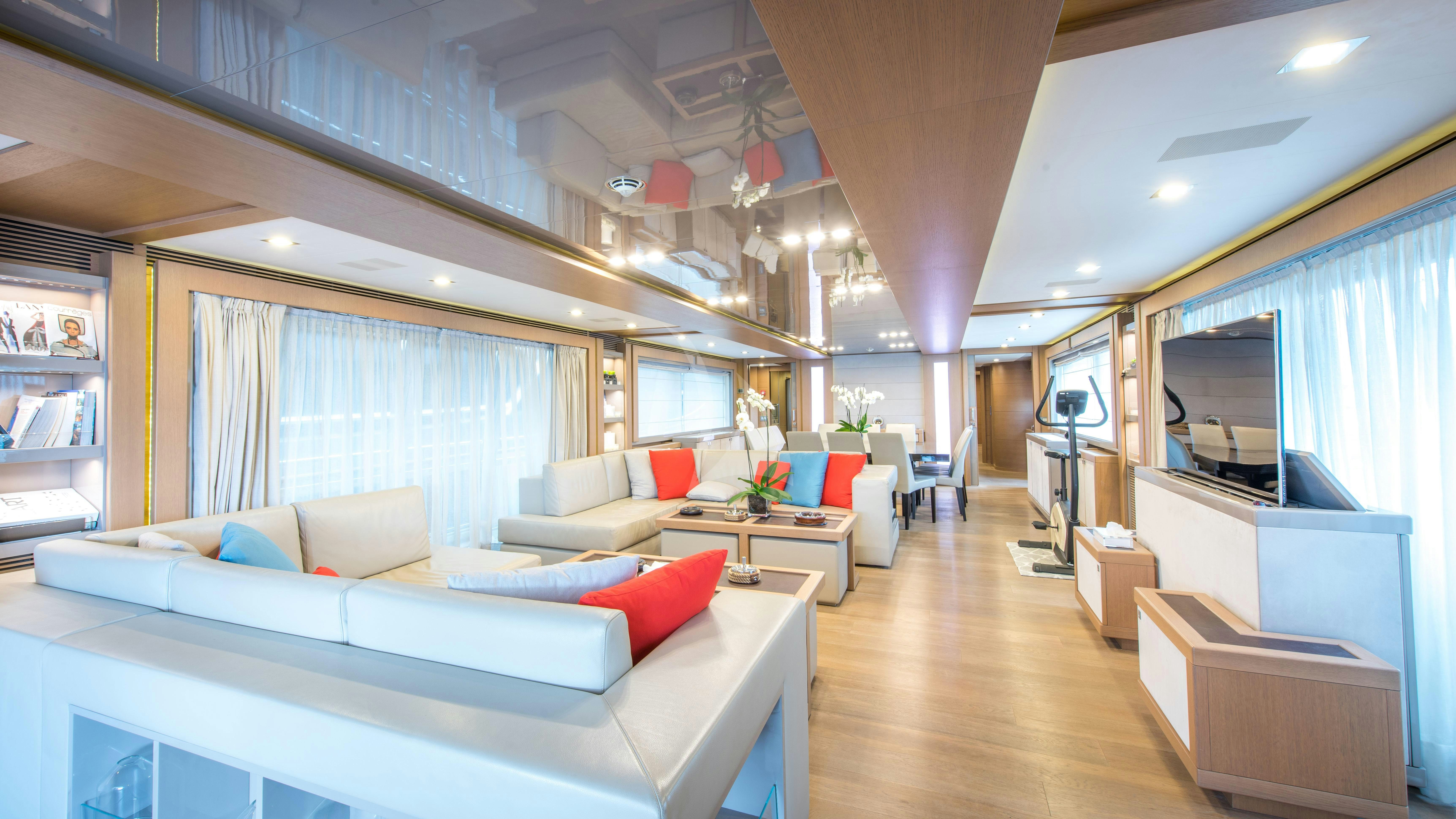 a living room with a large window aboard THALYSSA Yacht for Charter