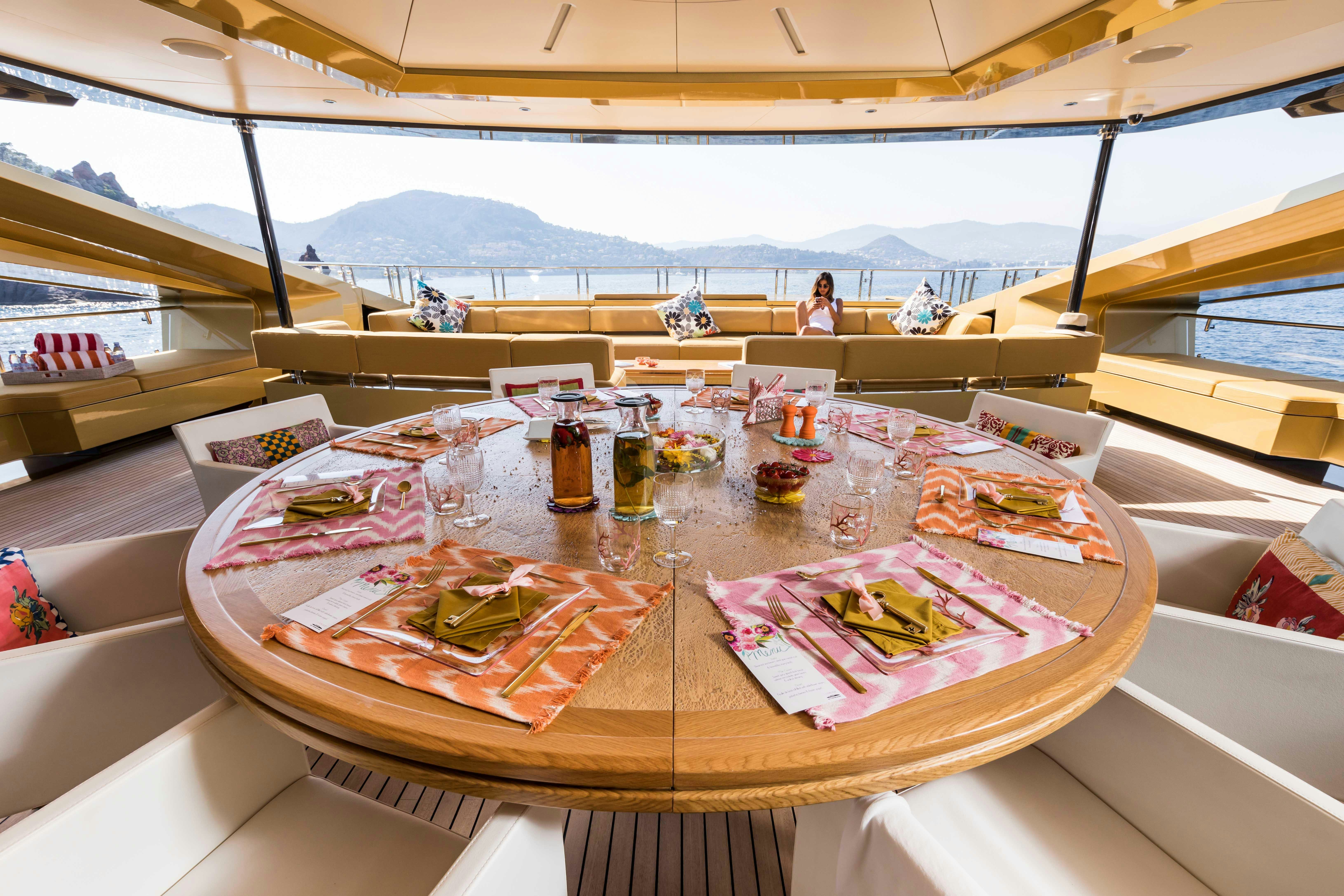 a table with food on it aboard KHALILAH Yacht for Charter