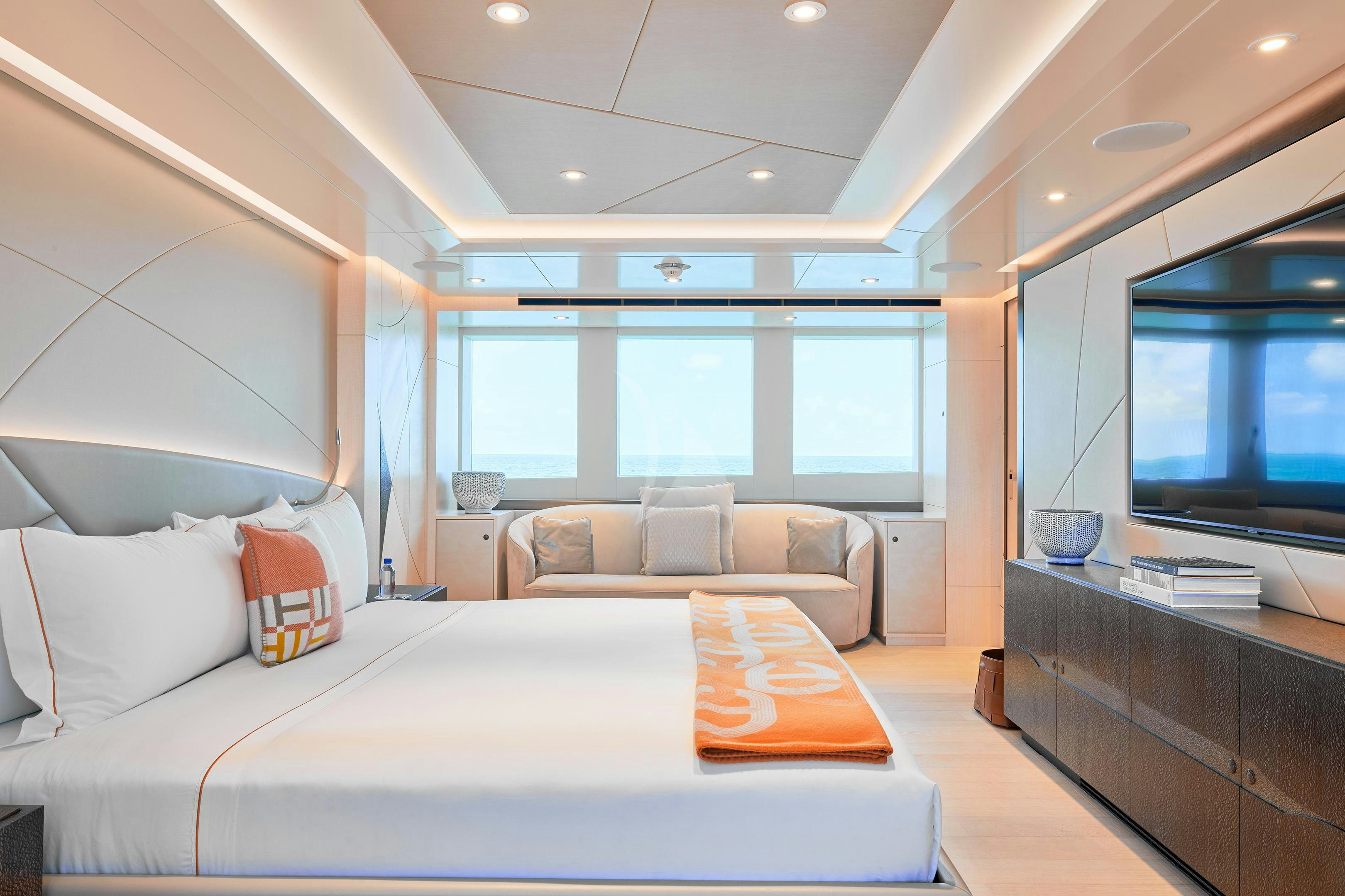 a bed in a room aboard ARKADIA Yacht for Charter