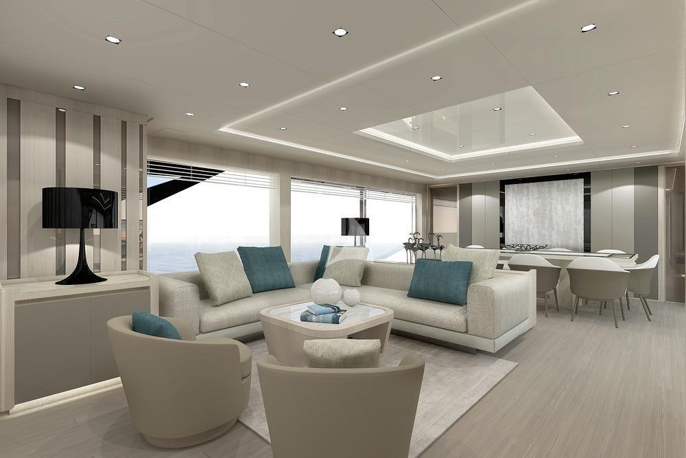 a living room with a large window aboard C2 Yacht for Charter