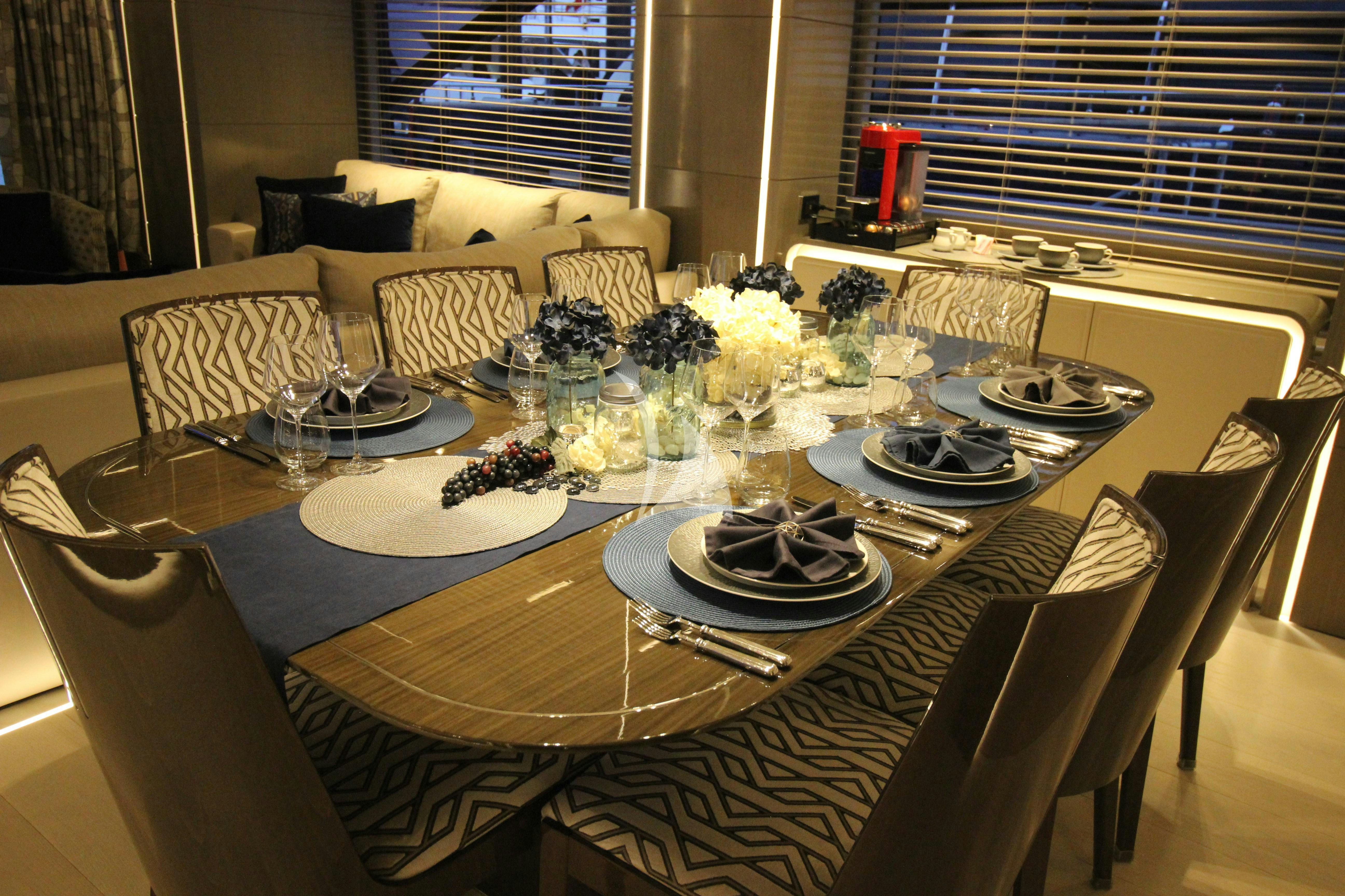a table set for a dinner aboard THE PEDDLER Yacht for Sale