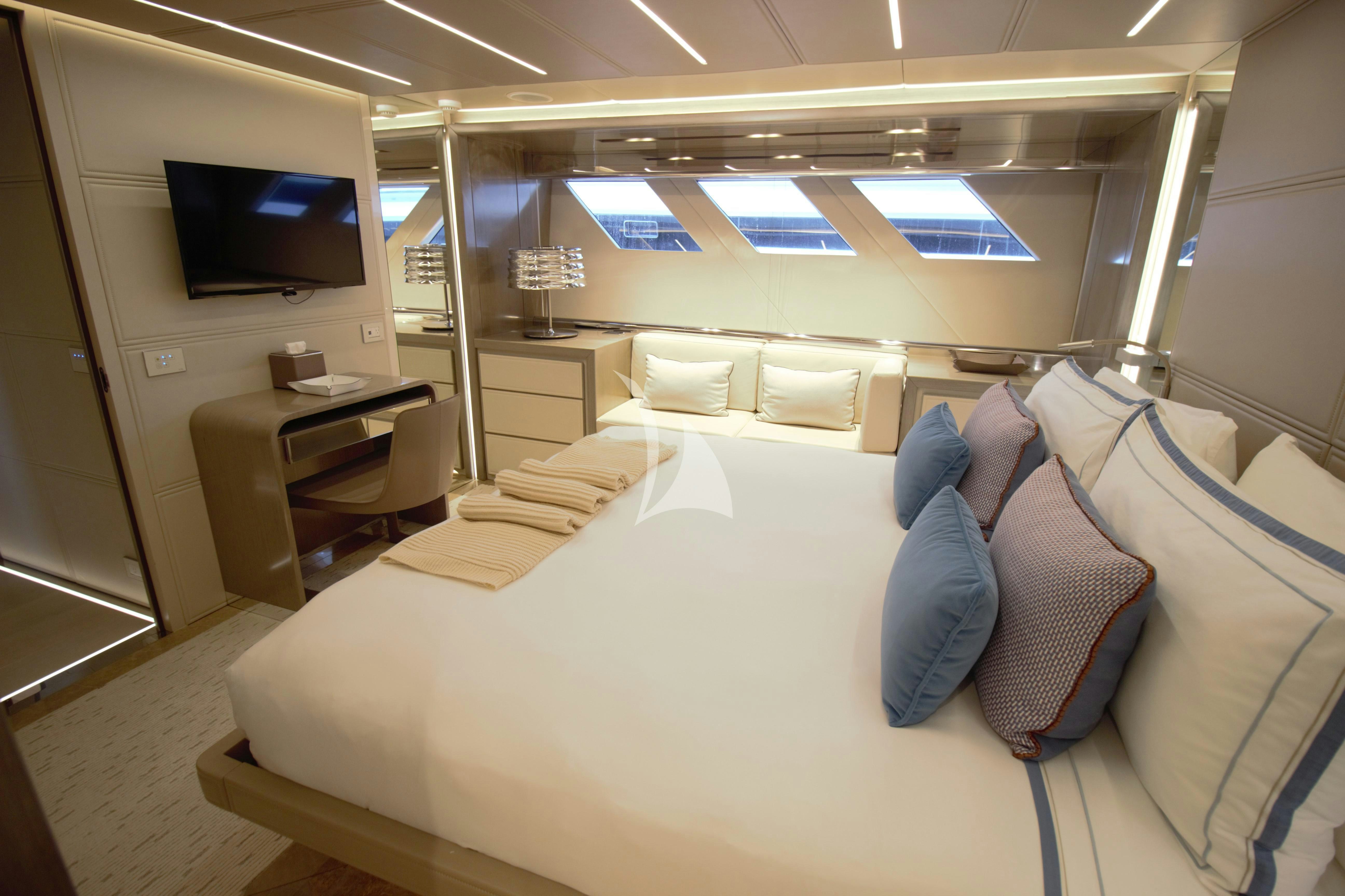 a bed in a room aboard THE PEDDLER Yacht for Sale