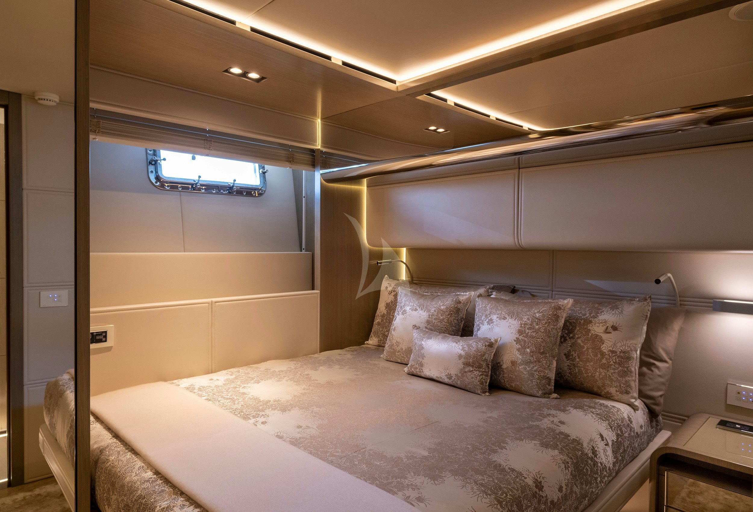 a bed in a room aboard THE PEDDLER Yacht for Sale
