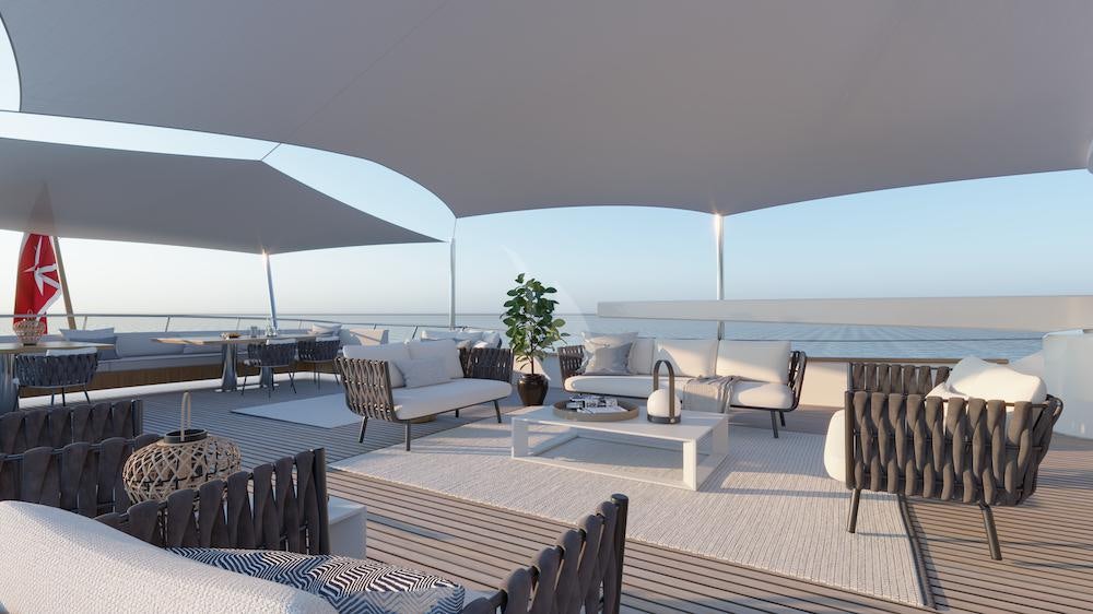 a large lounge area with a large patio and a large umbrella aboard EMERALD Yacht for Charter