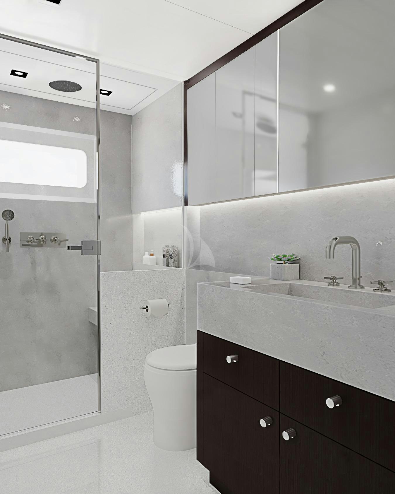 a bathroom with a glass shower aboard EMERALD Yacht for Charter