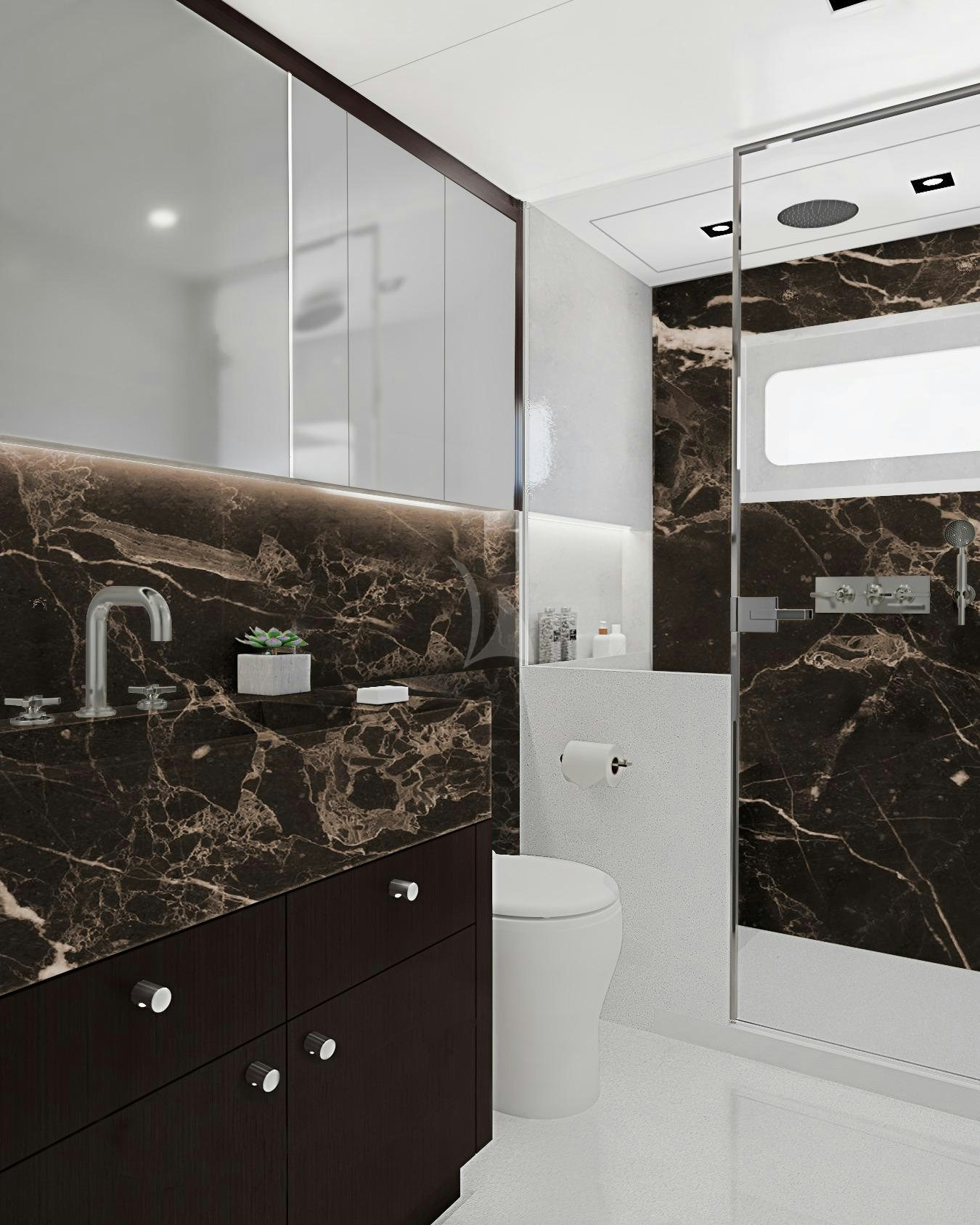 a bathroom with a glass shower aboard EMERALD Yacht for Charter