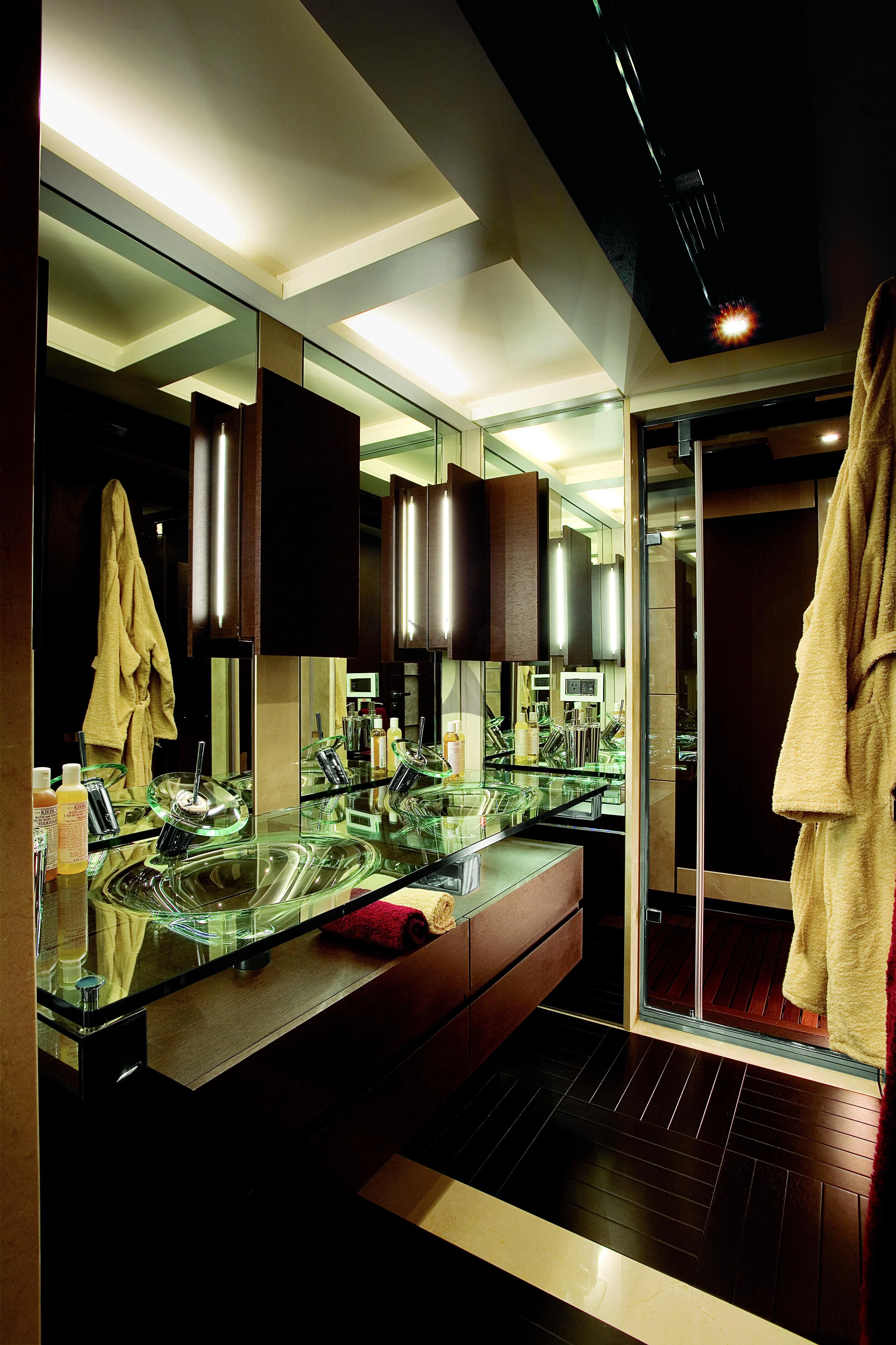 a large bathroom with a large countertop aboard DUKE Yacht for Charter