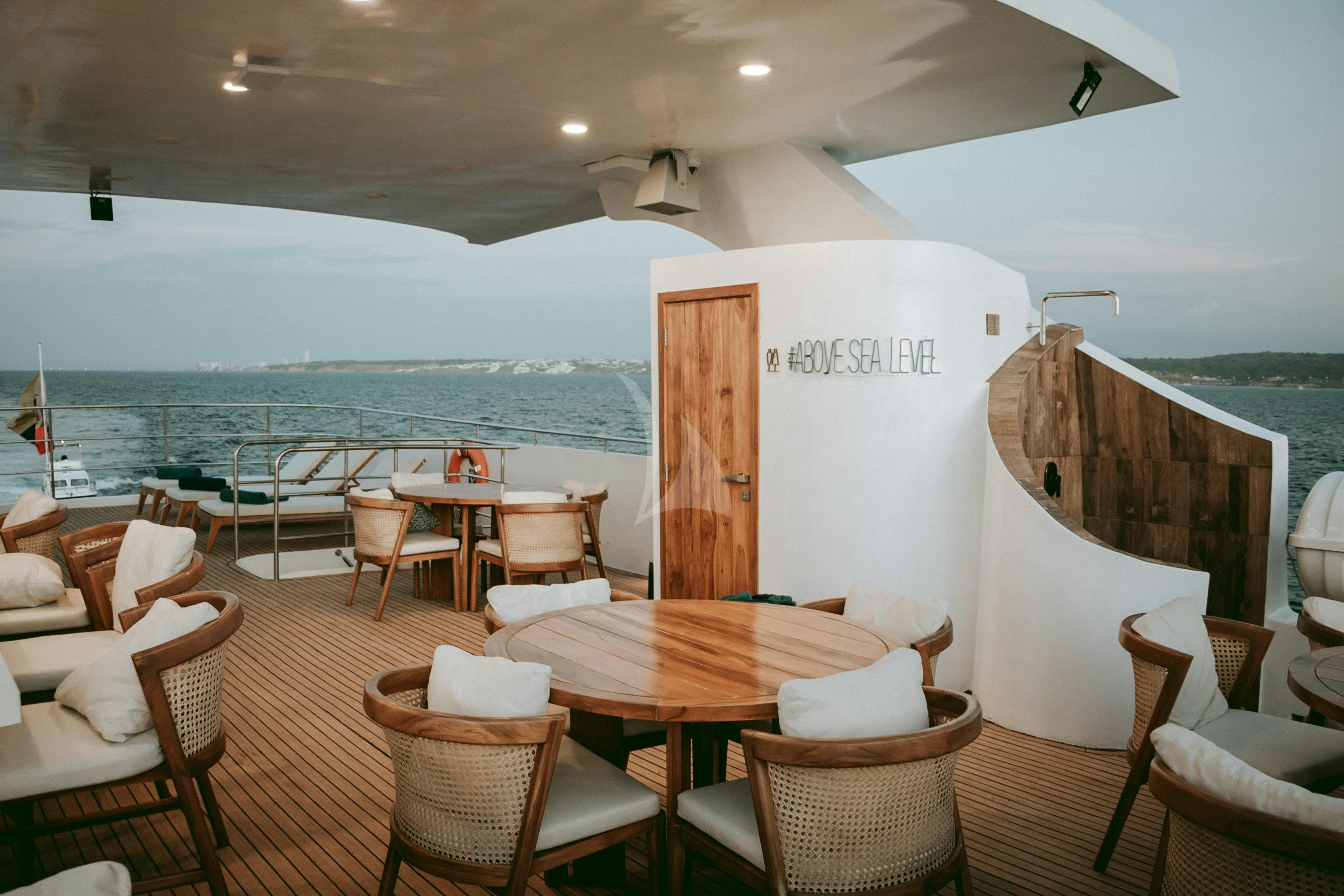a room with tables and chairs aboard KONTIKI WAYRA Yacht for Charter