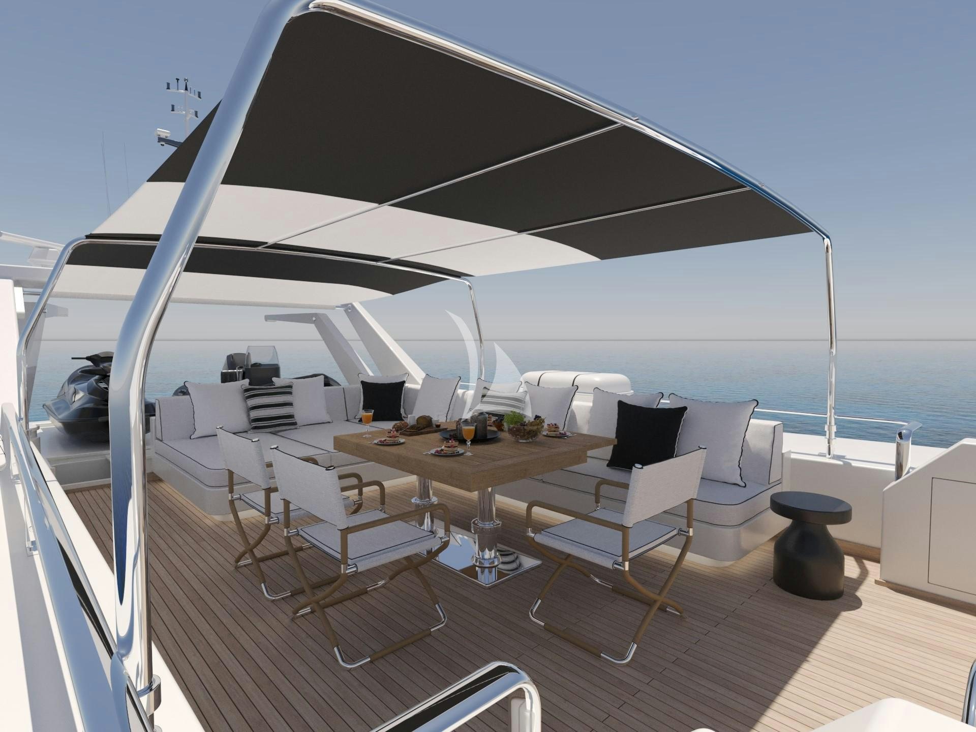 a large white tent with chairs and tables on a deck aboard ERA A Yacht for Charter