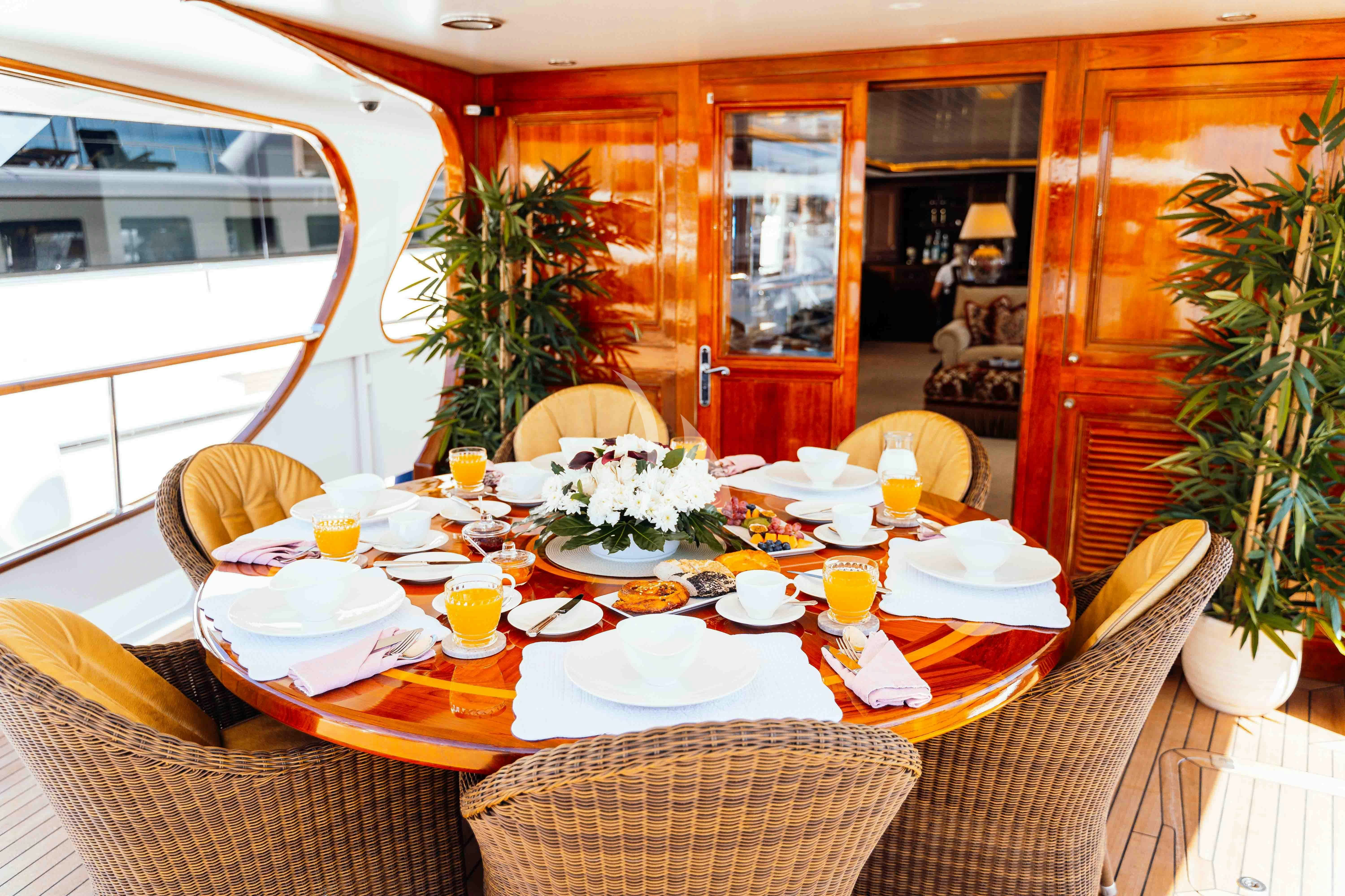 a table set with plates and food aboard ODYSSEY III Yacht for Charter