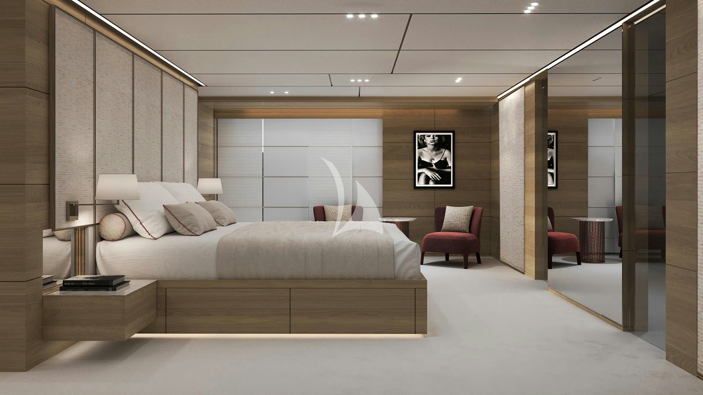 a large room with a bed and a chair aboard NAIA Yacht for Charter